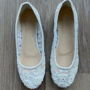 Kailee P. White Crochet Lace Round Toe Flats with Mini Pearls